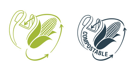 Compostable pack made from corn - biodegradable plastic packet from reusable marterial - eco friendly compostable production - environment protection emblemのイラスト素材