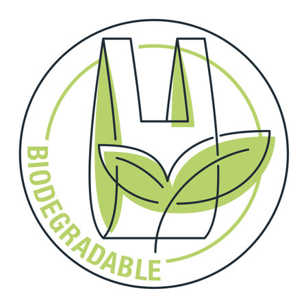 Biodegradable badge - plastic polymers turns to organics - plant branch in thin line. Eco friendly compostable material production - environment protection emblemのイラスト素材