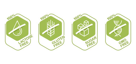 Lactose free flat hexagonal pictograms set, Sugar free, Gluten free, GMO free. Pictograms for food packaging decoration element for healthy natural organic nutritionのイラスト素材
