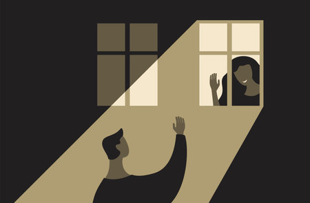Relationship between couple but one of them in inside and one is outside the houseのイラスト素材