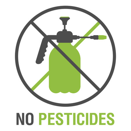 No pesticides prohibit sign - crossed out garden manual sprayer - sticker for products composition and labelingのイラスト素材