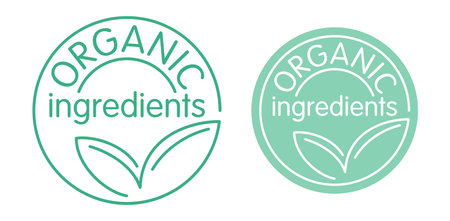 Organic Ingredients badge in circular shape for healthy natural food products composition labels - vector isolated pictogram with outline plant sproutのイラスト素材
