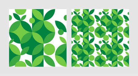 Eco-friendly green seamless pattern with geometric circles and segmentsのイラスト素材