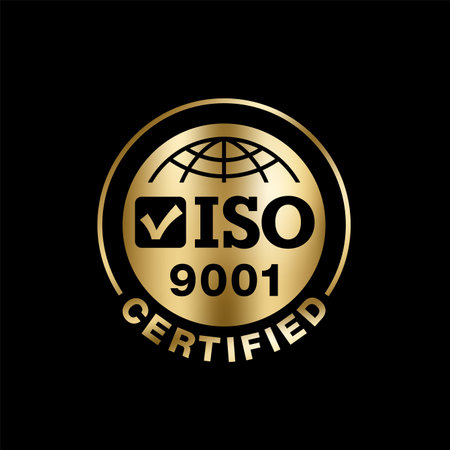 ISO 9001 Certified golden sign. Conformity to standards badge for products - flat pictogram with international quality management system guarantee emblem - isolated vectorのイラスト素材