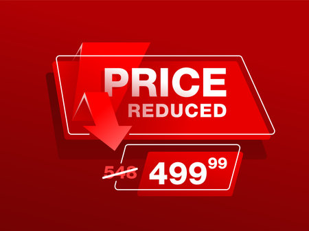 Price Reduced red eye-catching banner for website or social network - creative decorated mesage on red background - crossed old price and the cheaper one - promo poster. Vector illustrationのイラスト素材