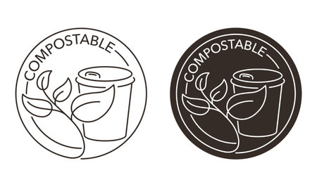 Compostable coffee cup - circula sticker in thin line for used paper dishes. Flat Vector badgeのイラスト素材