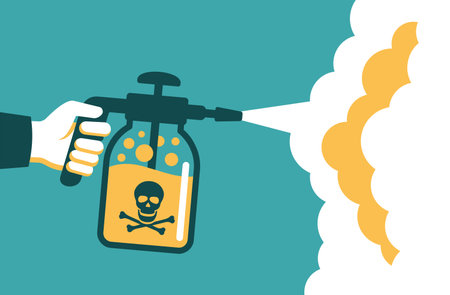 Spraying pesticide and insecticide. Farmer holding sprayer with fertilizer. Chemical treatment of garden plants concept. Vector illustrationのイラスト素材