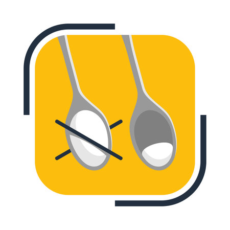 Low Sugar square icon for nutrition products with lower sweetener variety. Flat label with crossed full spoonのイラスト素材
