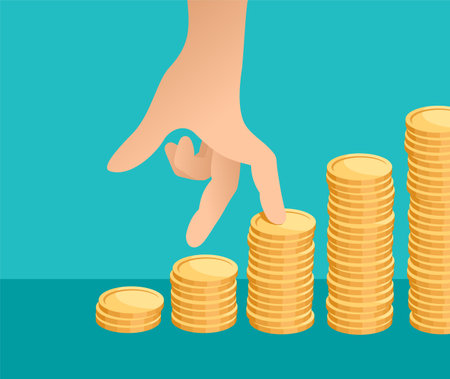 Cartoon fingers walking upstairs on coin stack. Investment and economy growth conceptのイラスト素材