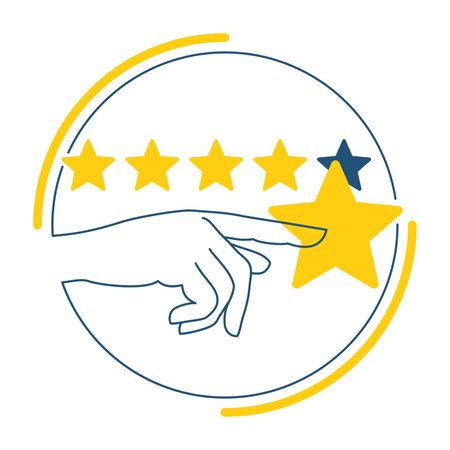 Rate Us - hand pointing to fifth star and collecting into positive feedback - best satisfaction level and critic concept - five stars rating flat style vector concept. Motivational illustrationのイラスト素材