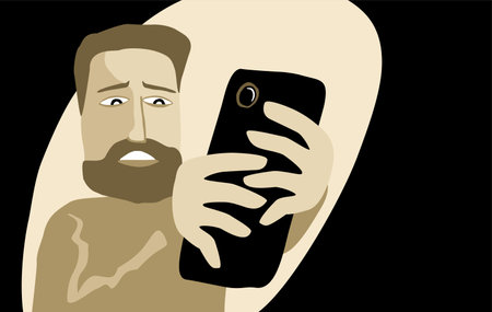 Doomscrolling - act of spending of screen time devoted to the absorption of negative news. Sad and confused person with phone. Vector illustrationのイラスト素材
