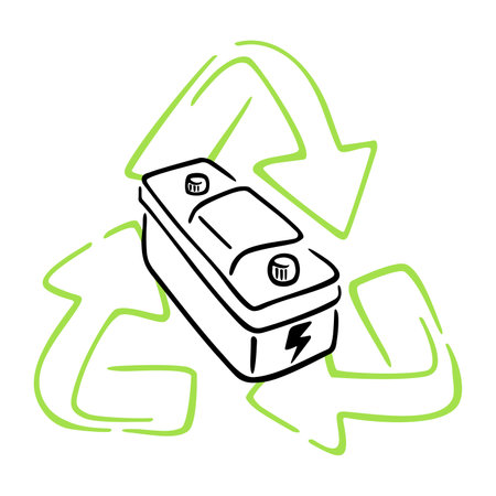 Lead-acid battery recycling drawn illustration - technology and solutions for reuse a car accumulator. Isolated vector icon.のイラスト素材