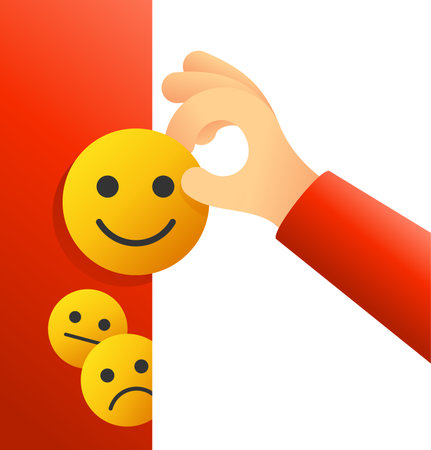Thank You for feedback - human hand selects maximum satisfaction positive yellow emoticonのイラスト素材