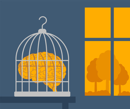 Caged brain inside a birdcage standing by the window - psychology and brain development conceptのイラスト素材