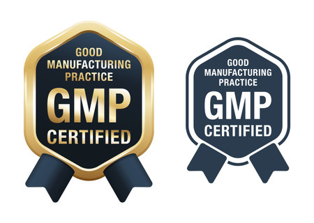 GMP certified golden and flat emblem - Good manufacturing practices - conforming to the guidelines recommended by agencies that control the authorizationのイラスト素材