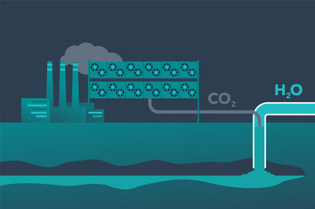Decarbonization - carbon capture and storage - using fan and filter that separating atmosphere air into fresh air and pure CO2 mixed with water. Vector illustrationのイラスト素材