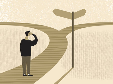 Person Thinking before important choice - crossroads, signpost and character in abstract art style - correct decision choosing. Textured illustration for business concept or political votingのイラスト素材