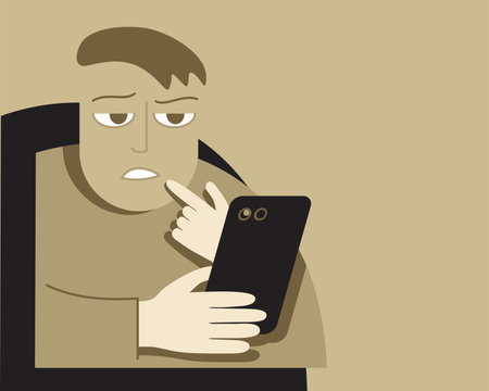 Doomscrolling - spending of screen time devoted to the absorption of negative news. Sad and confused person with phone. Vector illustrationのイラスト素材