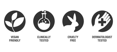 Necessary pictograms set for marking of products - Vegan Friendly, Clinically Tested, Cruelty Free and Dermatologist testedのイラスト素材