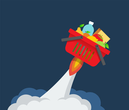 Sharp growth of food prices due to global crisis of supply chains. Shopping basket as spaceshipのイラスト素材