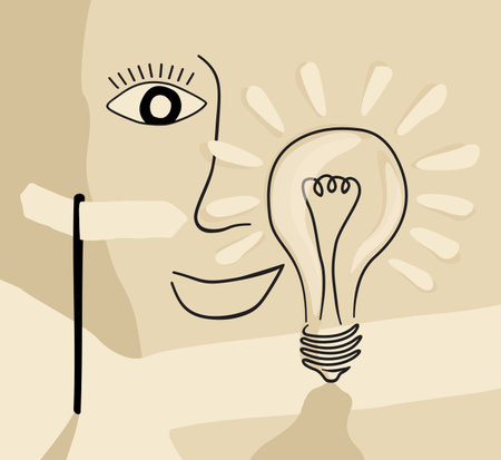 Solution and alternative decision drawn and abstract design illustration, with human face, road sign and light bulbのイラスト素材