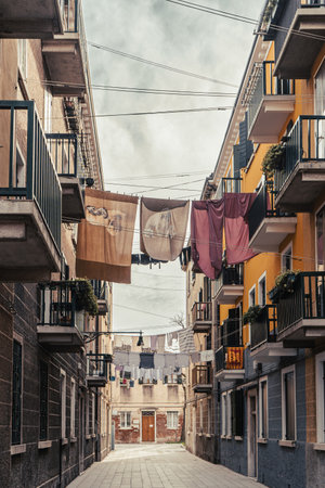 Drying clothes on long clotheslines in Venice, Italyの写真素材