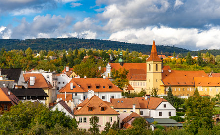 Aerial view of the old Town of Cesky Krumlov and beautiful Castle, Czech Republicの写真素材
