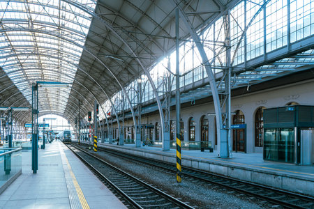 Prague main railway station - train platforms and railroadsの写真素材
