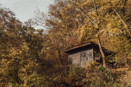 Small wooden cabin in the autumn forest. For hunters maybe