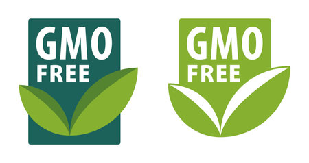 GMO free - green eco-friendly square label with leaf and text, for genetically unmodified productsのイラスト素材