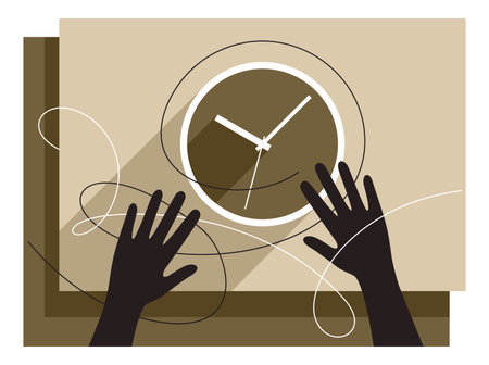 Spending Working time concept - hands of employee holding clock. Isolated abstract illustrationのイラスト素材