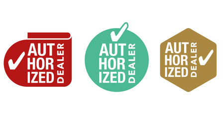 Authorized seller stamps with check mark. Verified dealer isolated badges setのイラスト素材