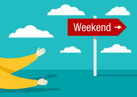 Welcome to long awaited weekend after working routine - person hands and signpost. Thematical vector bannerのイラスト素材