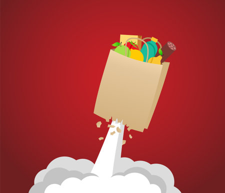 Sharp growth of food prices due to global crisis of supply chains. Shopping bag launching as spaceshipのイラスト素材