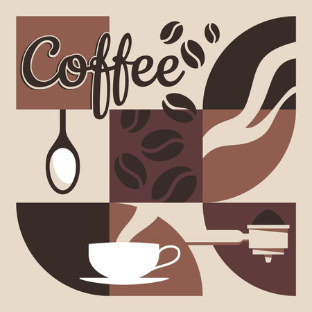 Coffee modern pattern with cup, spoon, espresso machine - vector decoration for cafe or packagingのイラスト素材