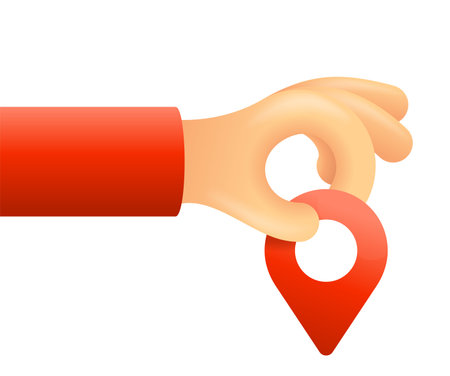 Location icon in hand - red glossy gps pin mark - isolated vector illustration in 3D styleのイラスト素材