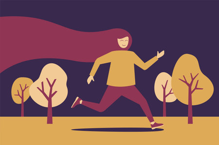 Morning jog losing for weight fitness concept - young cartoon woman running through park landscapeのイラスト素材