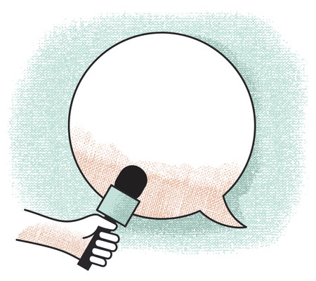 Hand holding microphone - Media interview with speech bubble dialog circles. Vector illustration with textured backgroundのイラスト素材