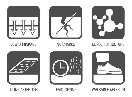 Self-levelling flooring mixture properties and benefits flat square icons set. Labeling of packagingのイラスト素材