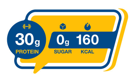 Value of Protein, Sugar, Calories - Label for chocolate bar or energy drink - . Isolated badge
