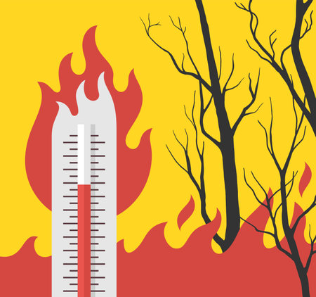 Extreme heat can cause wildfires. Hot summer high temperature and burning tree - flat vector illustrationのイラスト素材