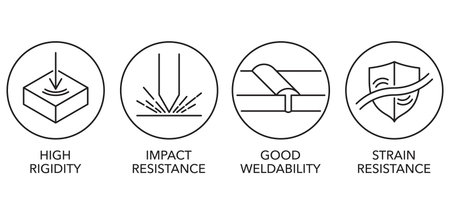 Characteristics of metal products thin line icons set - High Rigidity, Impact Resistance, Good Weldability, Strain Resistanceのイラスト素材