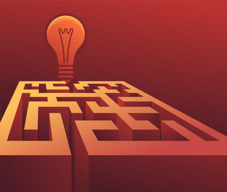 Business solution conceptual design cartoon illustration. Maze and lamp as solutionのイラスト素材