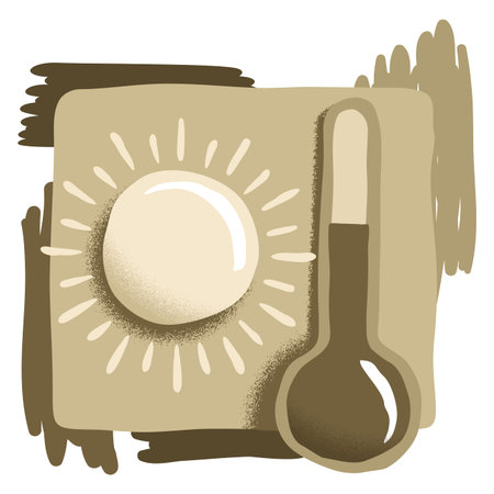 Summer heat, climate change or global warming danger concept - drawn doodle sun and thermometer with rising indicator - isolated vector emblemのイラスト素材