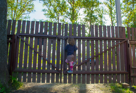 4 years old girl climbed on the fenceの写真素材