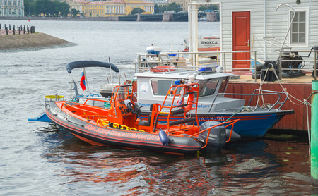 Russia Petersburg July 2016 two boats of the police and rescue are on watch in case of a dangerous situation on the waterのeditorial素材