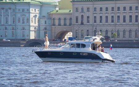 Russia Saint Petersburg July 2016 boat floats on Neva river on the deck is the brideのeditorial素材