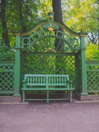 Russia, St. Petersburg July 2016 bench in the summer garden.の写真素材