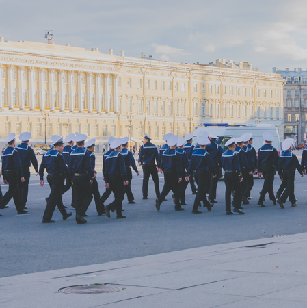 Russia, Saint-Petersburg autumn 2016 column of the sailors on the Palace square.のeditorial素材