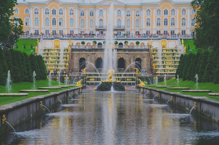 Saint Petersburg, Russia - June, 2016- Peterhof. Peterhof Palace and fountain cascade with the channel in the Bay panoramaのeditorial素材